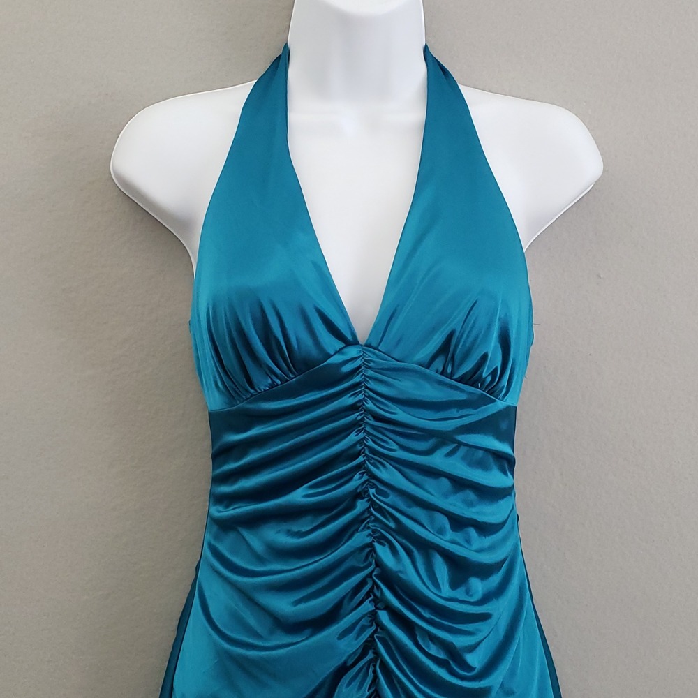 Vtg Jodi Kristopher Teal Blue Satin Halter Dress M Ruched Pleated Y2K Prom READ - Picture 14 of 15